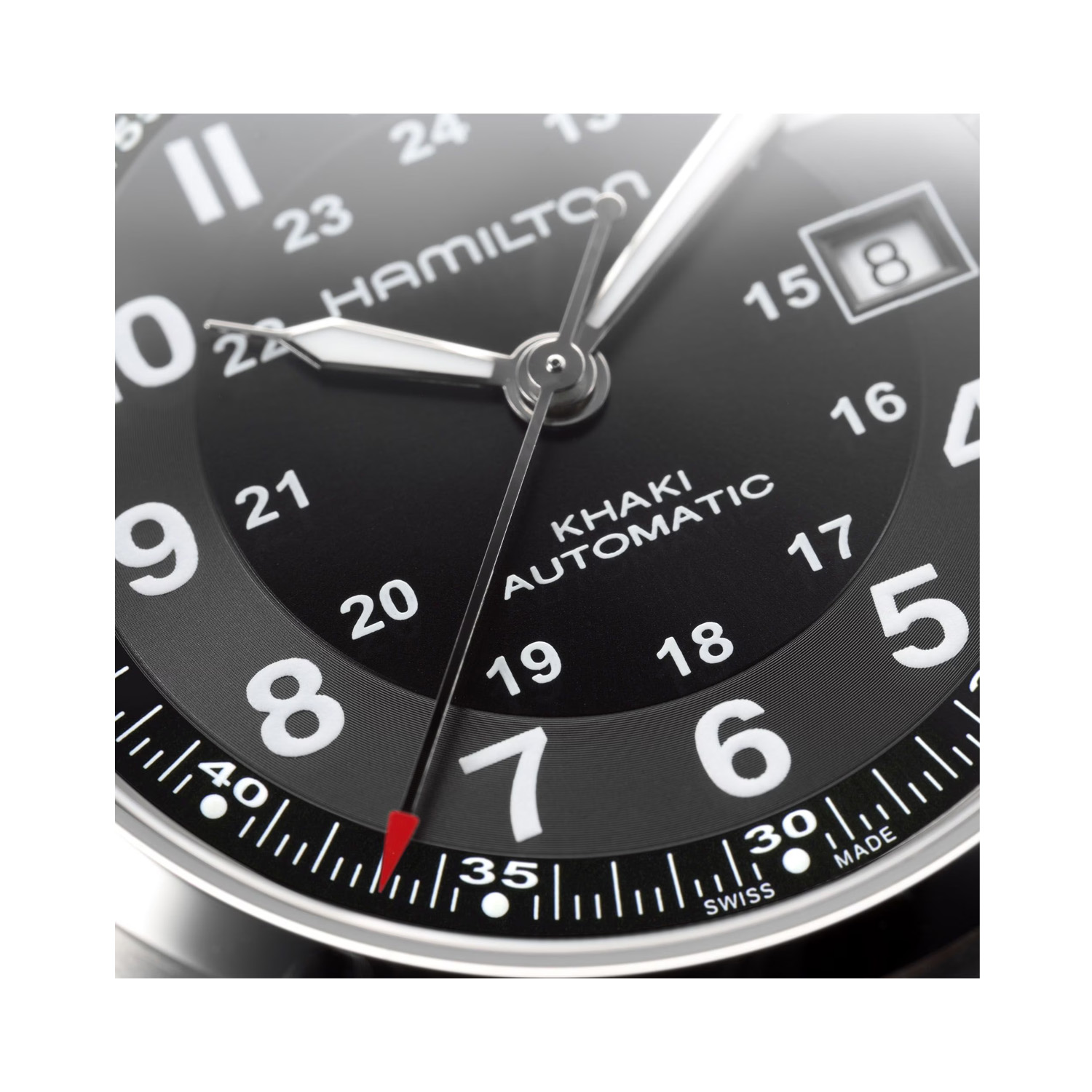 Hamilton, Khaki Field with a 42mm stainless steel case and a brown leather strap featuring a date complication and a black dial.