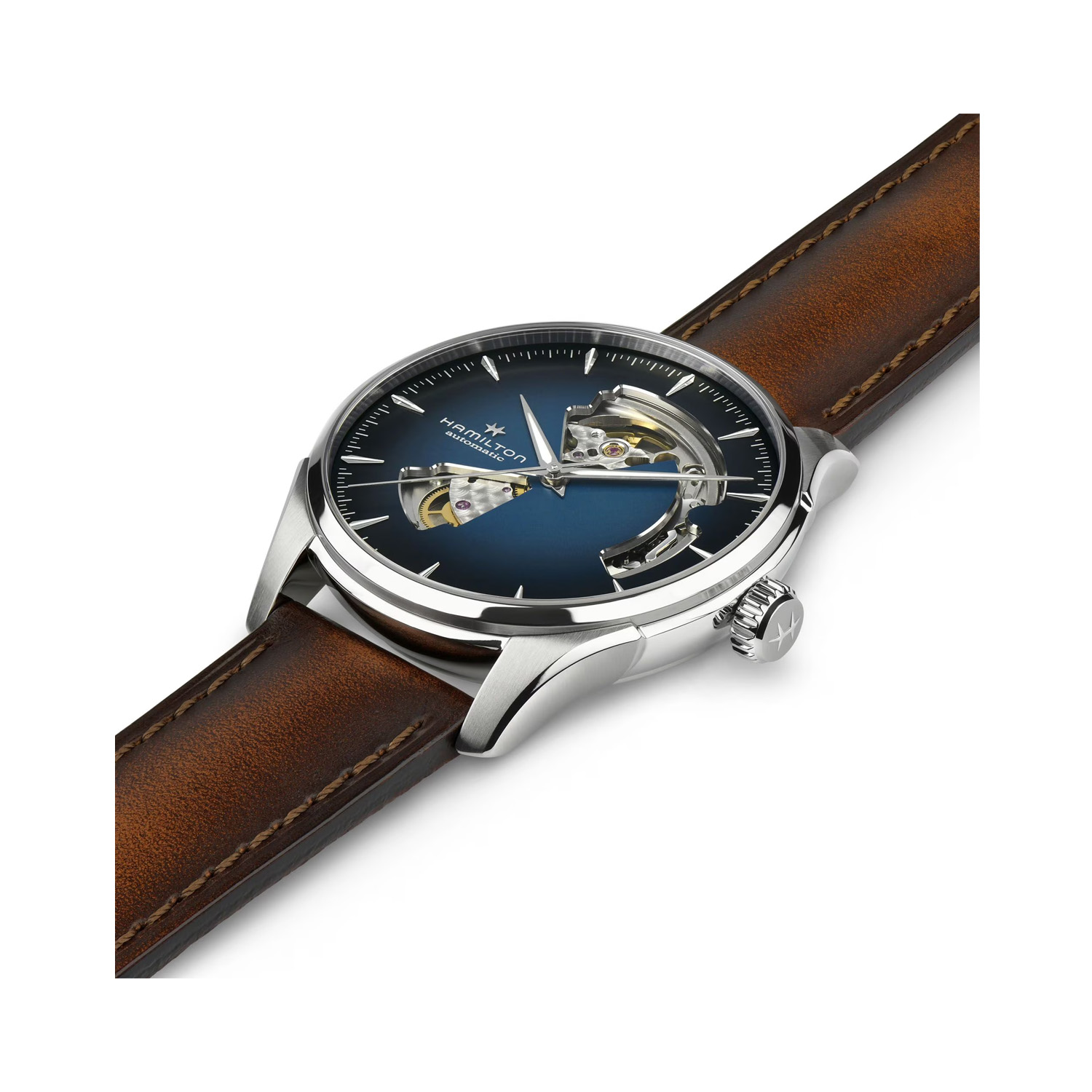 Hamilton, Jazzmaster Open Heart Blue, Automatic Men's Watch Hamilton, Jazzmaster Open Heart with a 40mm stainless steel case and brown leather strap featuring a blue open dial.
