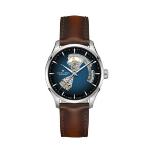 Hamilton, Jazzmaster Open Heart with a 40mm stainless steel case and brown leather strap featuring a blue open dial.