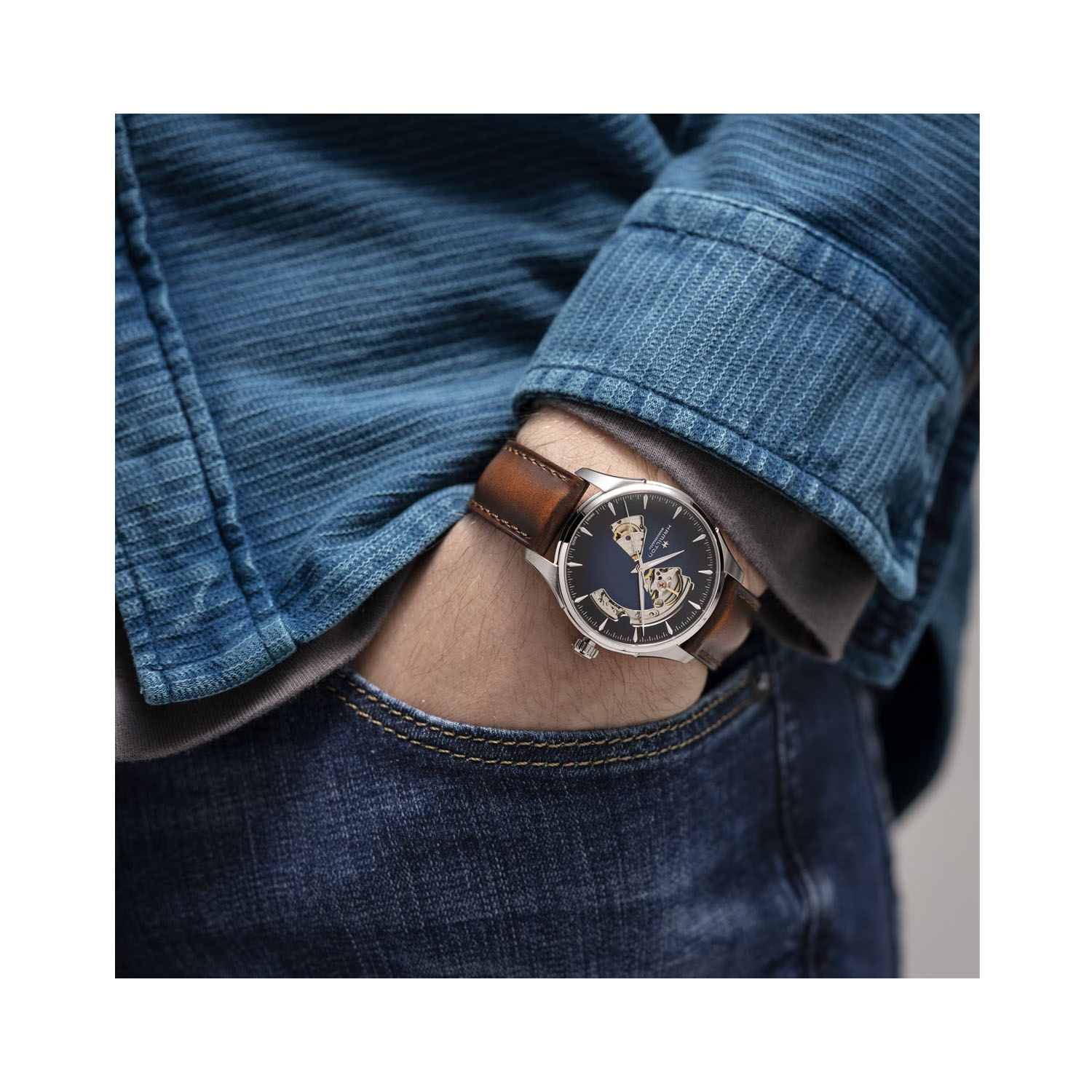 Hamilton, Jazzmaster Open Heart Blue, Automatic Men's Watch Hamilton, Jazzmaster Open Heart with a 40mm stainless steel case and brown leather strap featuring a blue open dial.