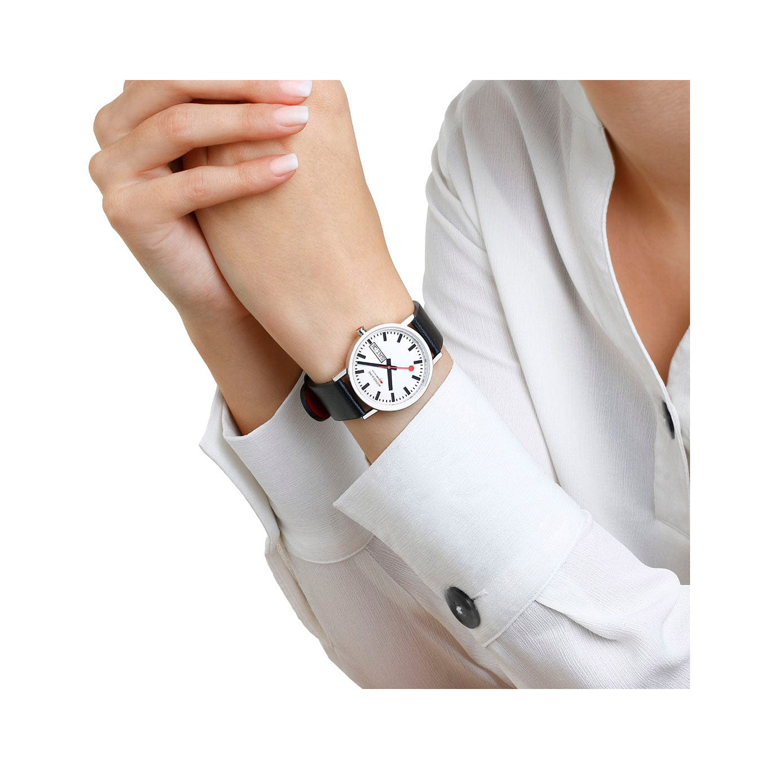 Mondaine, Classic Black Vegan Grape Leather Strap, Unisex Quartz Watch Mondaine, Classic Day Date with a 36mm stainless steel case and a black vegan grape leather strap featuring a day date function and white dial.