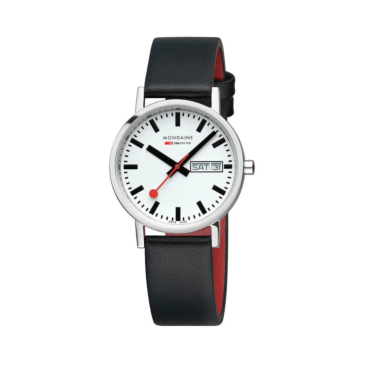 Mondaine, Classic Black Vegan Grape Leather Strap, Unisex Quartz Watch Mondaine, Classic Day Date with a 36mm stainless steel case and a black vegan grape leather strap featuring a day date function and white dial.