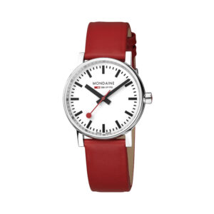 Mondaine, evo2 with a 35mm stainless steel case with a red vegan grape leather strap featuring a white dial.