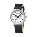 Mondaine, Neo Chronograph White Dial, Quartz Men's Watch Mondaine, Neo with a 41mm stainless steel case and black vegan grape leather featuring a chronograph, date function and a white dial.