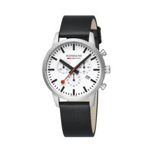 Mondaine, Neo with a 41mm stainless steel case and black vegan grape leather featuring a chronograph, date function and a white dial.