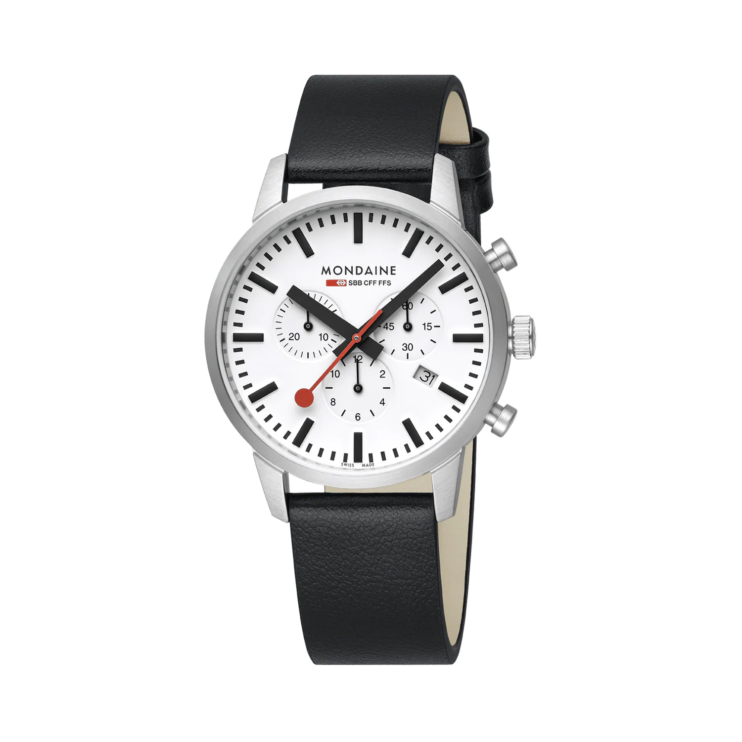 Mondaine, Neo Chronograph White Dial, Quartz Men's Watch Mondaine, Neo with a 41mm stainless steel case and black vegan grape leather featuring a chronograph, date function and a white dial.