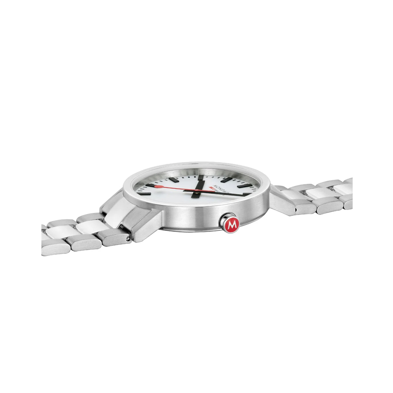 Mondaine, Classic White, Quartz Men's Watch Mondaine, Classic with a 40mm stainless steel case and bracelet strap featuring a white dial.