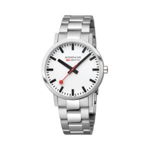 Mondaine, Classic with a 40mm stainless steel case and bracelet strap featuring a white dial.