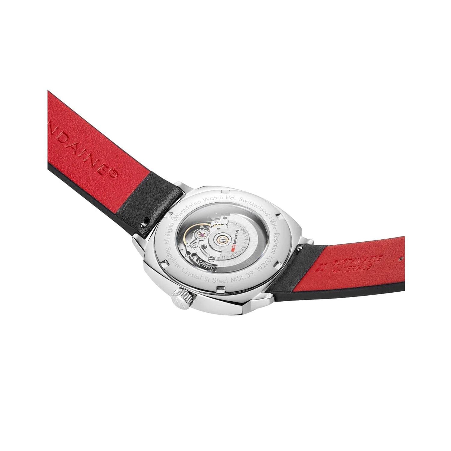 Mondaine, Cushion with a 39mm stainless steel case and a black vegan grape leather strap featuring a date function and a white dial.