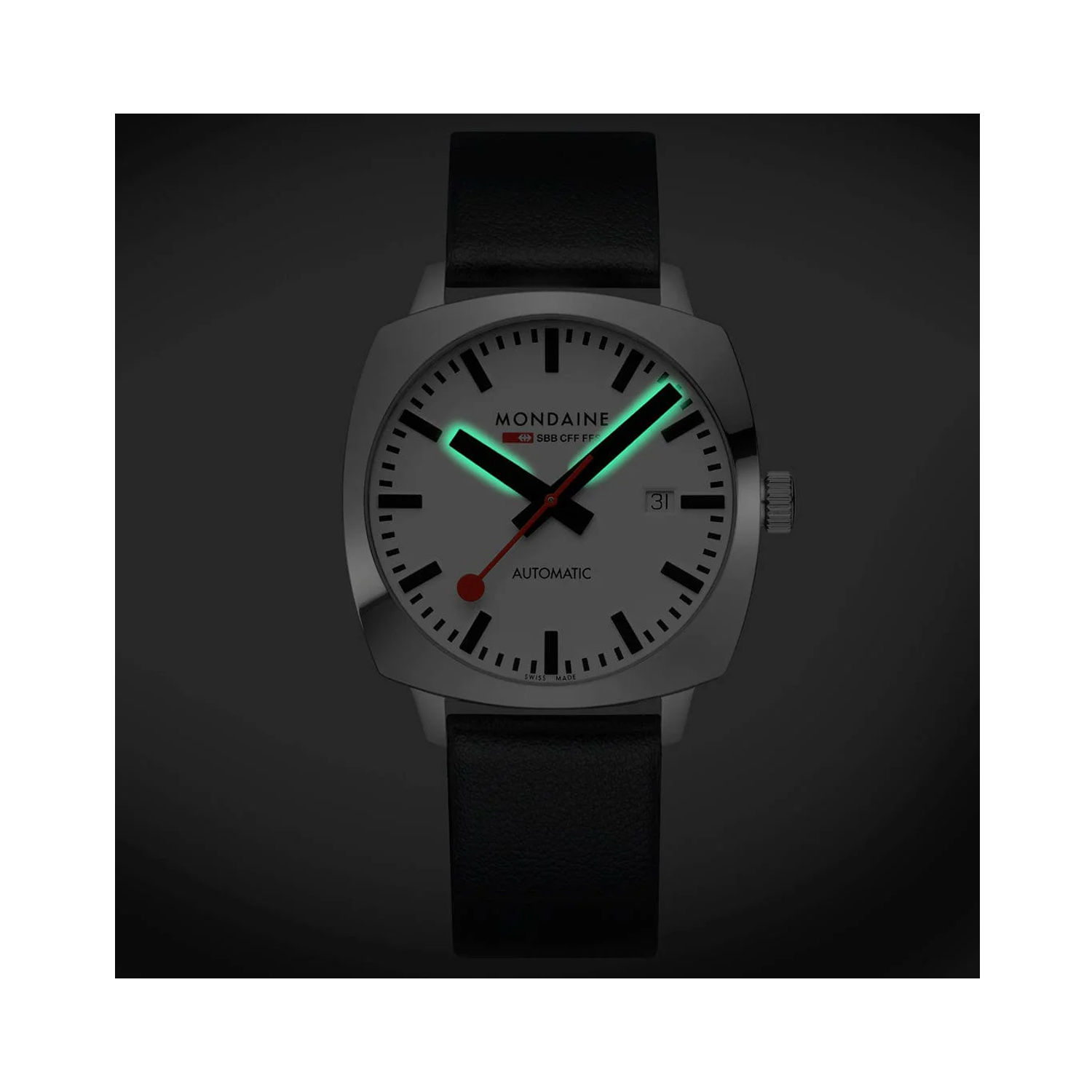 Mondaine, Cushion with a 39mm stainless steel case and a black vegan grape leather strap featuring a date function and a white dial.