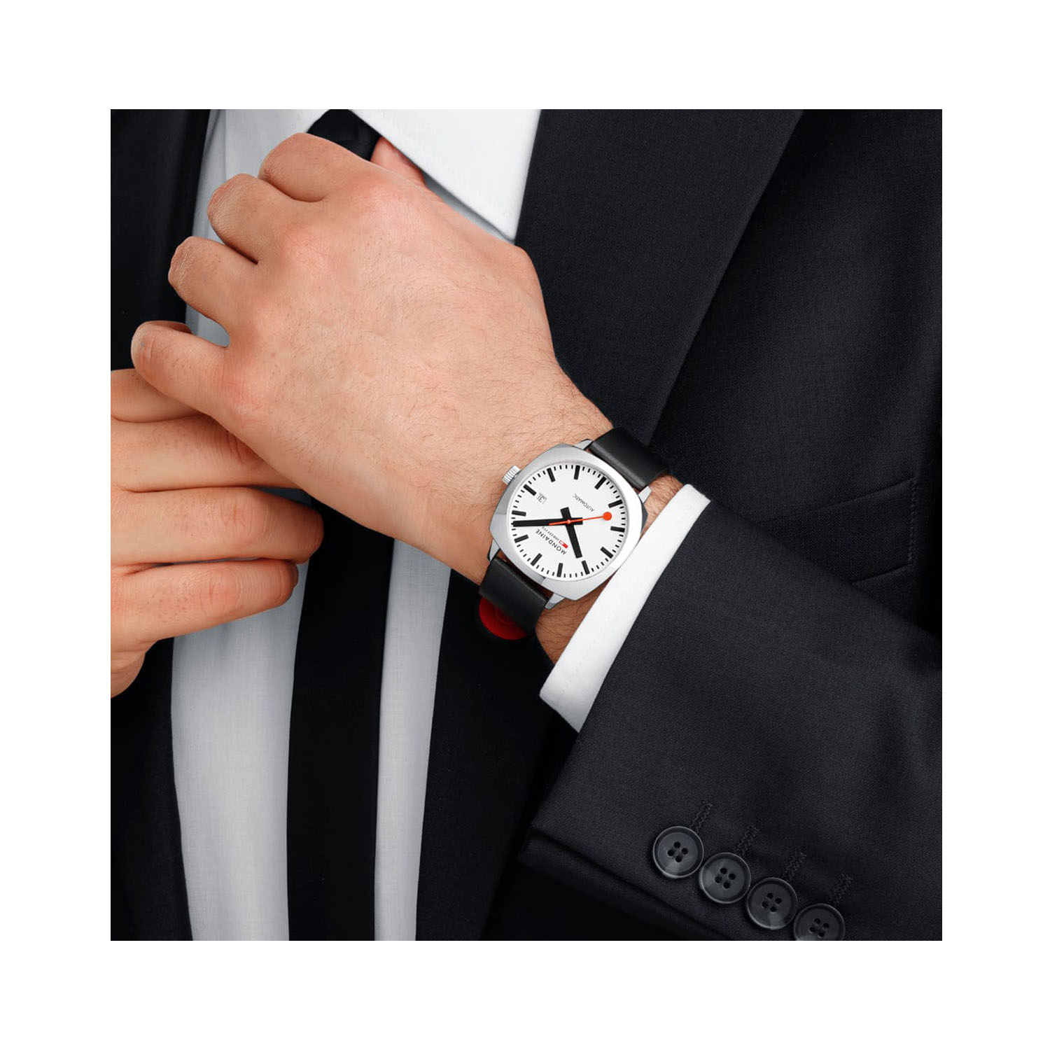 Mondaine, Cushion with a 39mm stainless steel case and a black vegan grape leather strap featuring a date function and a white dial.