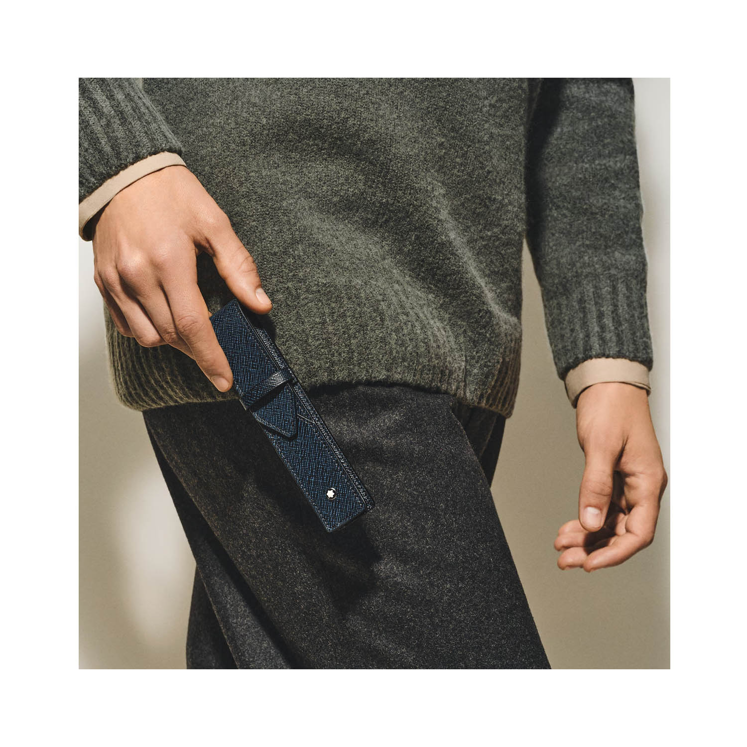 Montblanc, Envelope tweed blue pen pouch crafted in embossed sartorial leather with space to hold one writing instrument with envelope closure.