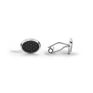 Montblanc, Montblanc, Meisterstück oval shaped cufflinks in stainless steel with an inlay of black geometric patterned laquer.