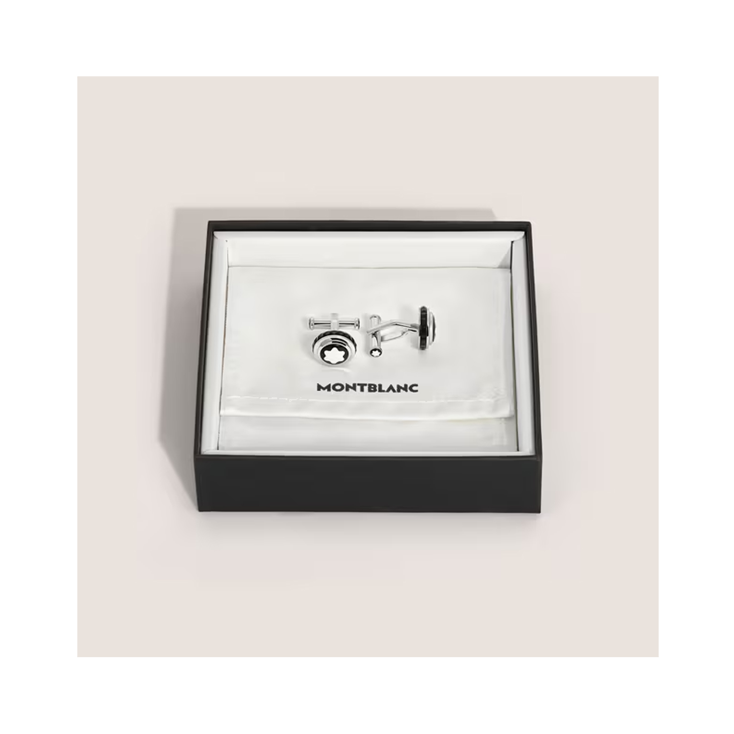 A pair of Montblanc, Great Characters Homage to Queen cufflinks in stainless steel featuring the Montblanc emblem.