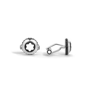 A pair of Montblanc, Great Characters Homage to Queen cufflinks in stainless steel featuring the Montblanc emblem.