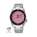 Seiko, 5 Sports with a 38mm stainless steel case and bracelet strap featuring a day date function with a pink dial and a pink and black bezel.