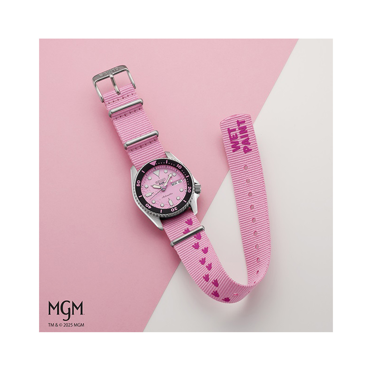 Seiko, 5 Sports with a 38mm stainless steel case and bracelet strap featuring a day date function with a pink dial and a pink and black bezel.