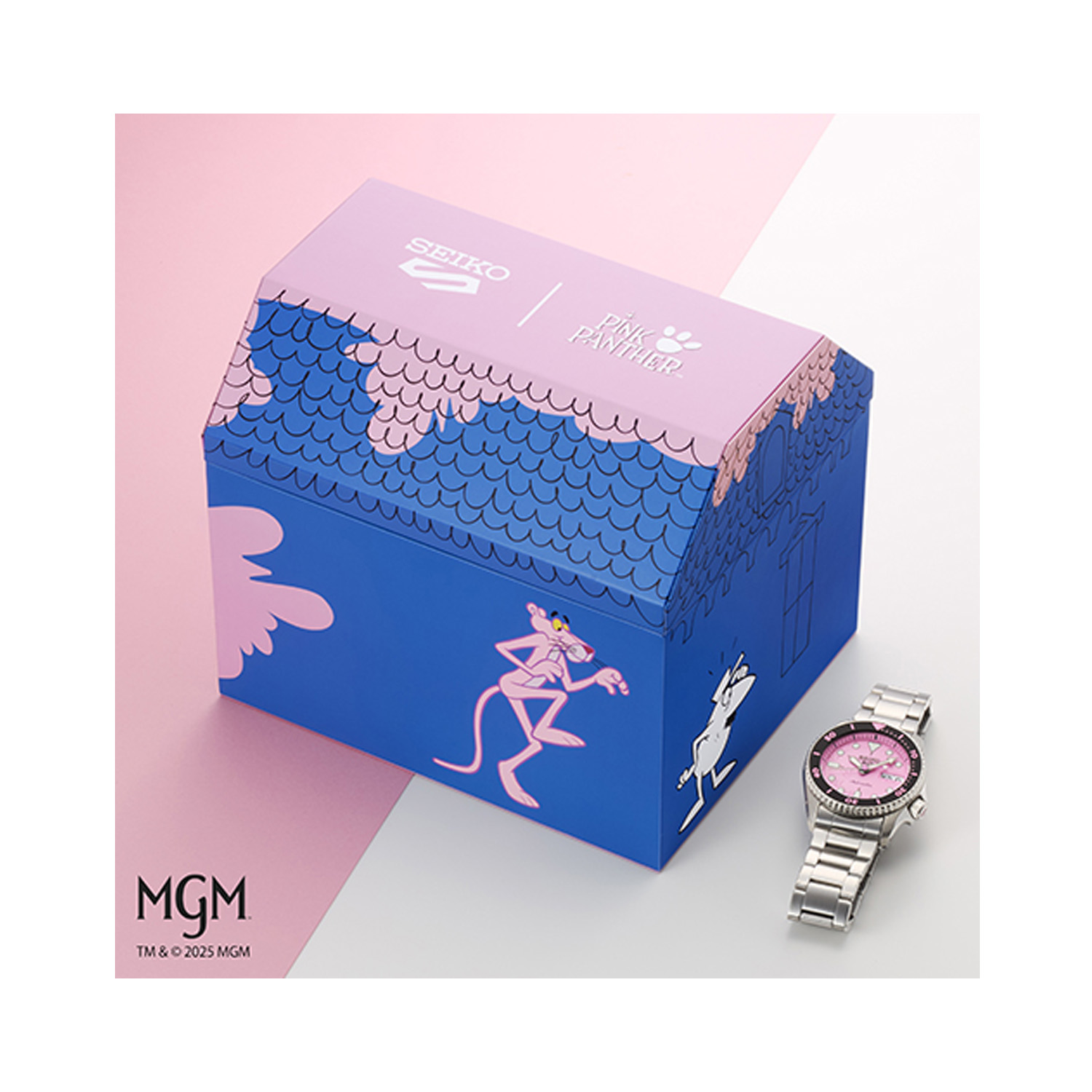 Seiko, 5 Sports with a 38mm stainless steel case and bracelet strap featuring a day date function with a pink dial and a pink and black bezel.