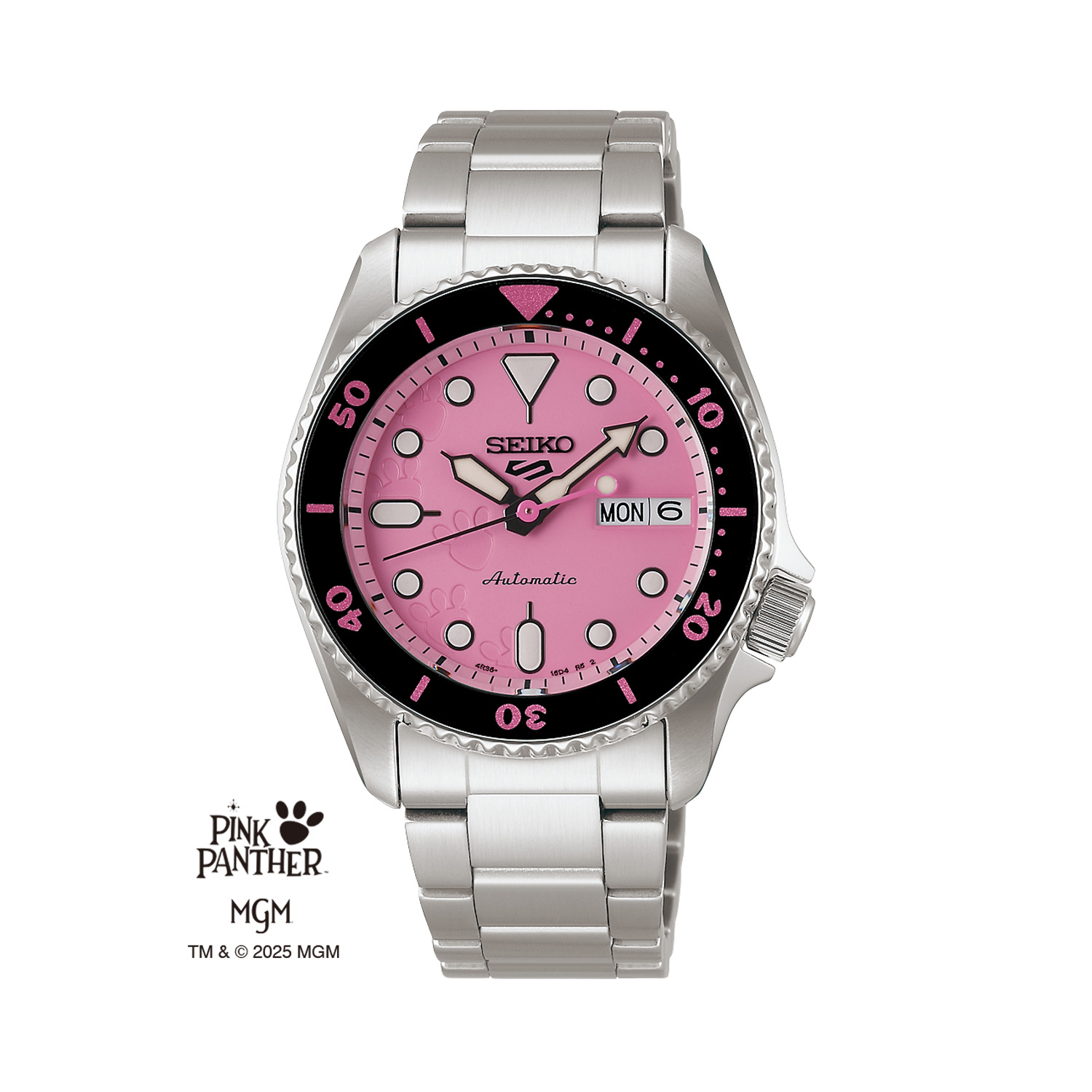 Seiko, 5 Sports with a 38mm stainless steel case and bracelet strap featuring a day date function with a pink dial and a pink and black bezel.
