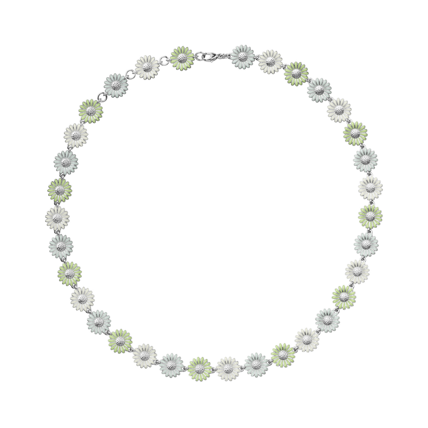 A rhodium plated, sterling silver green and white enamelled flower necklace from Georg Jensen's Daisy collection.