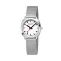 Mondaine, Petite Cushion with a 31mm stainless steel rounded square case and bracelet strap featuring a white dial.