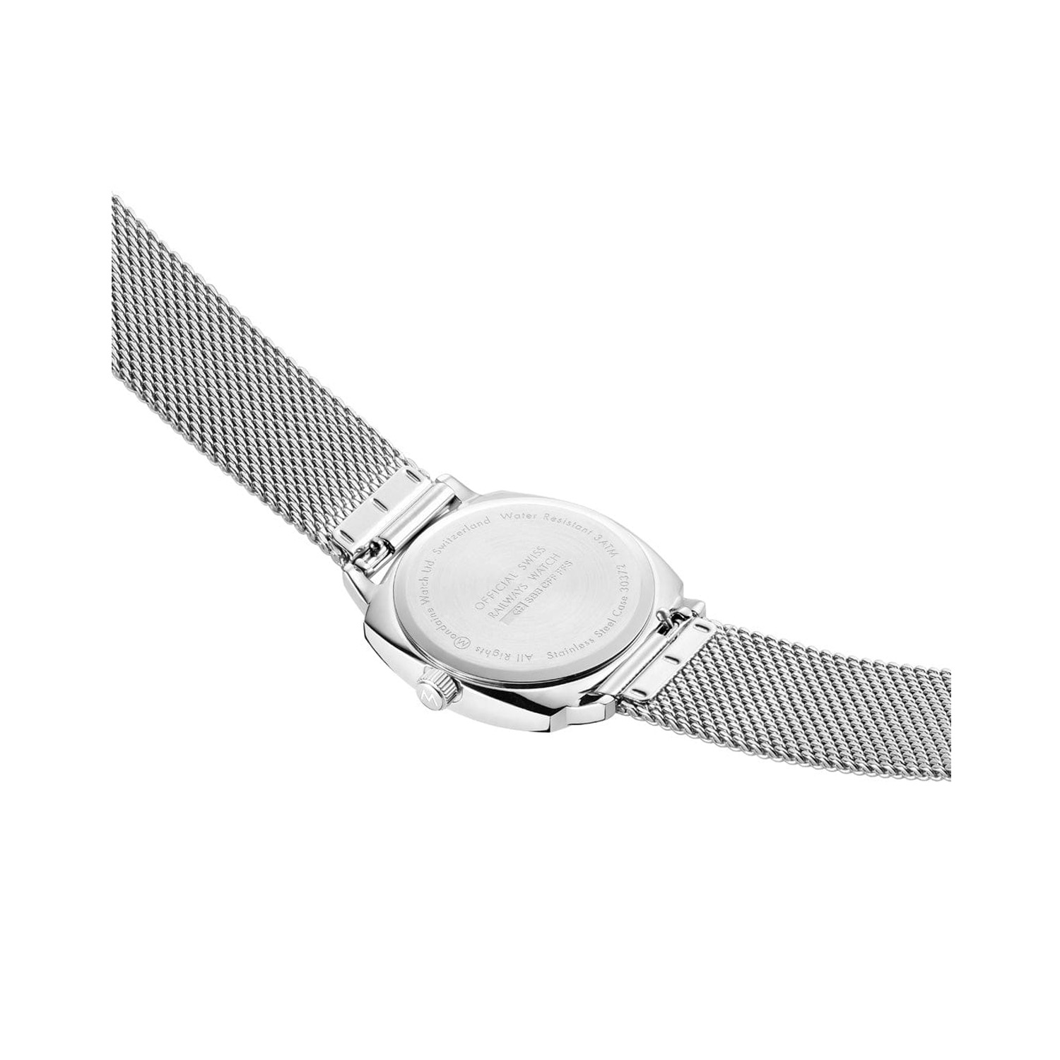 Mondaine, Petite Cushion with a 31mm stainless steel rounded square case and bracelet strap featuring a white dial.
