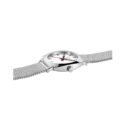 Mondaine, Petite Cushion with a 31mm stainless steel rounded square case and bracelet strap featuring a white dial.