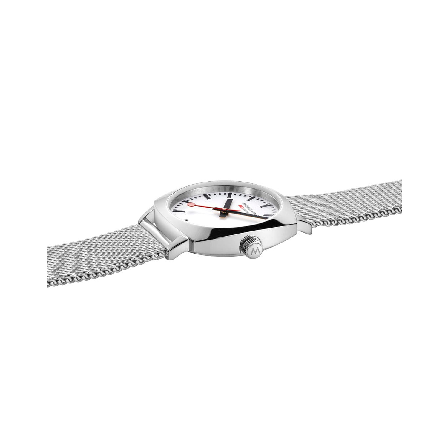 Mondaine, Petite Cushion with a 31mm stainless steel rounded square case and bracelet strap featuring a white dial.