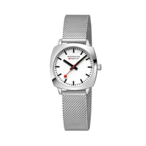 Mondaine, Petite Cushion with a 31mm stainless steel rounded square case and bracelet strap featuring a white dial.