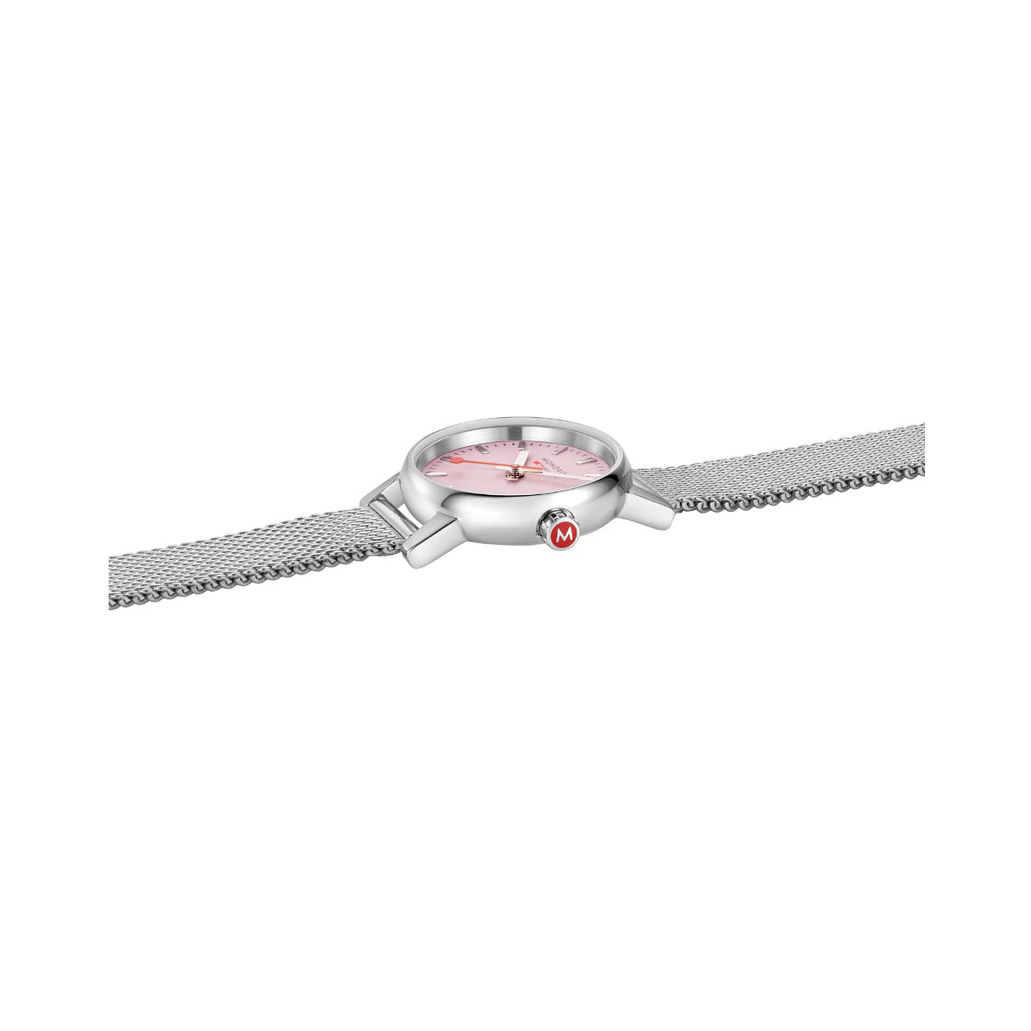Mondaine, evo2 Pink, Quartz Women's Watch Mondaine, evo2 with a 26mm stainless steel case and bracelet strap featuring a pink dial.