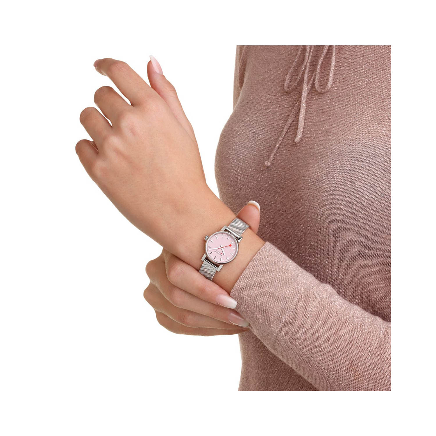 Mondaine, evo2 Pink, Quartz Women's Watch Mondaine, evo2 with a 26mm stainless steel case and bracelet strap featuring a pink dial.