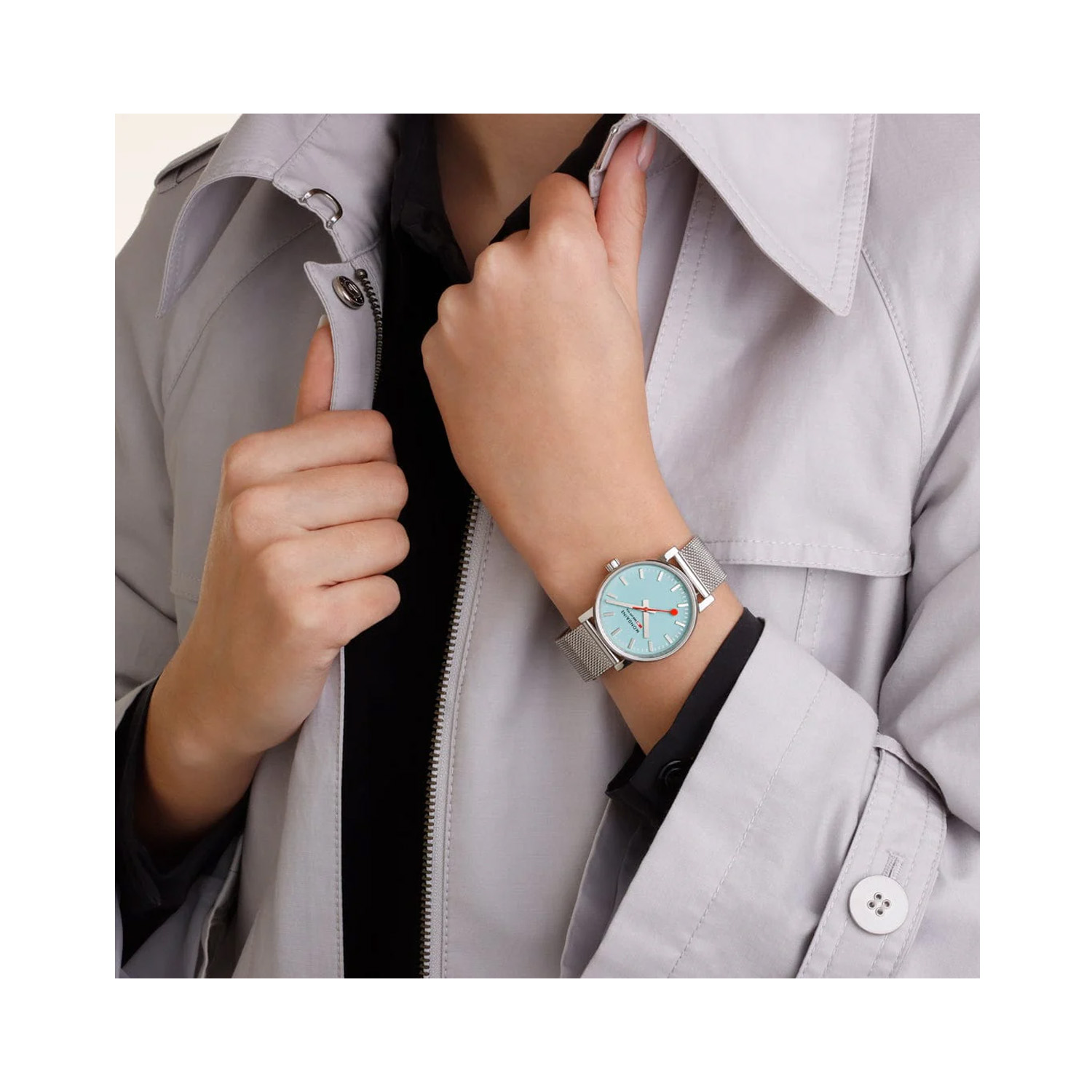 Mondaine, evo2 Turquoise Lake, Quartz Women's Watch Mondaine, evo2 with a 35mm stainless steel case and bracelet strap featuring a turquoise dial.