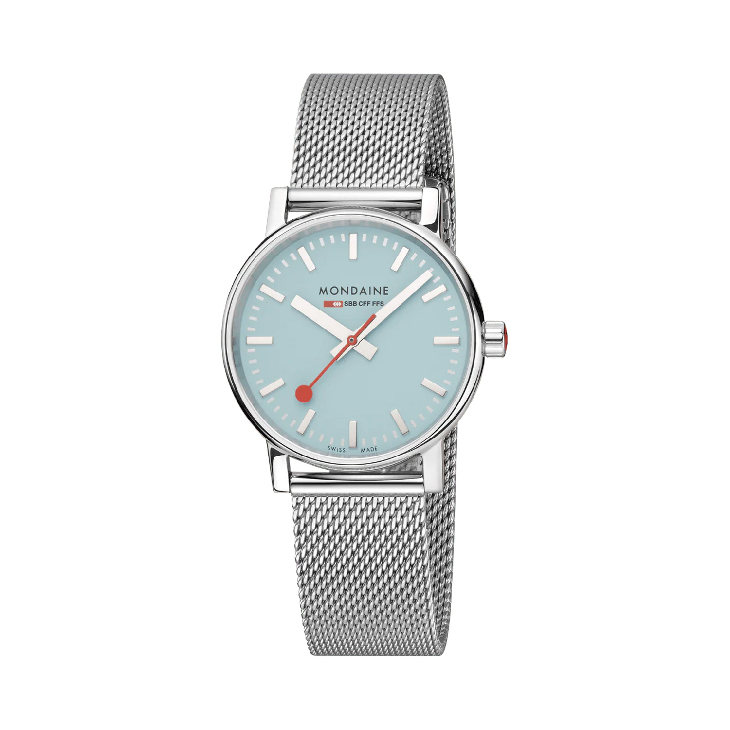 Mondaine, evo2 Turquoise Lake, Quartz Women's Watch Mondaine, evo2 with a 35mm stainless steel case and bracelet strap featuring a turquoise dial.