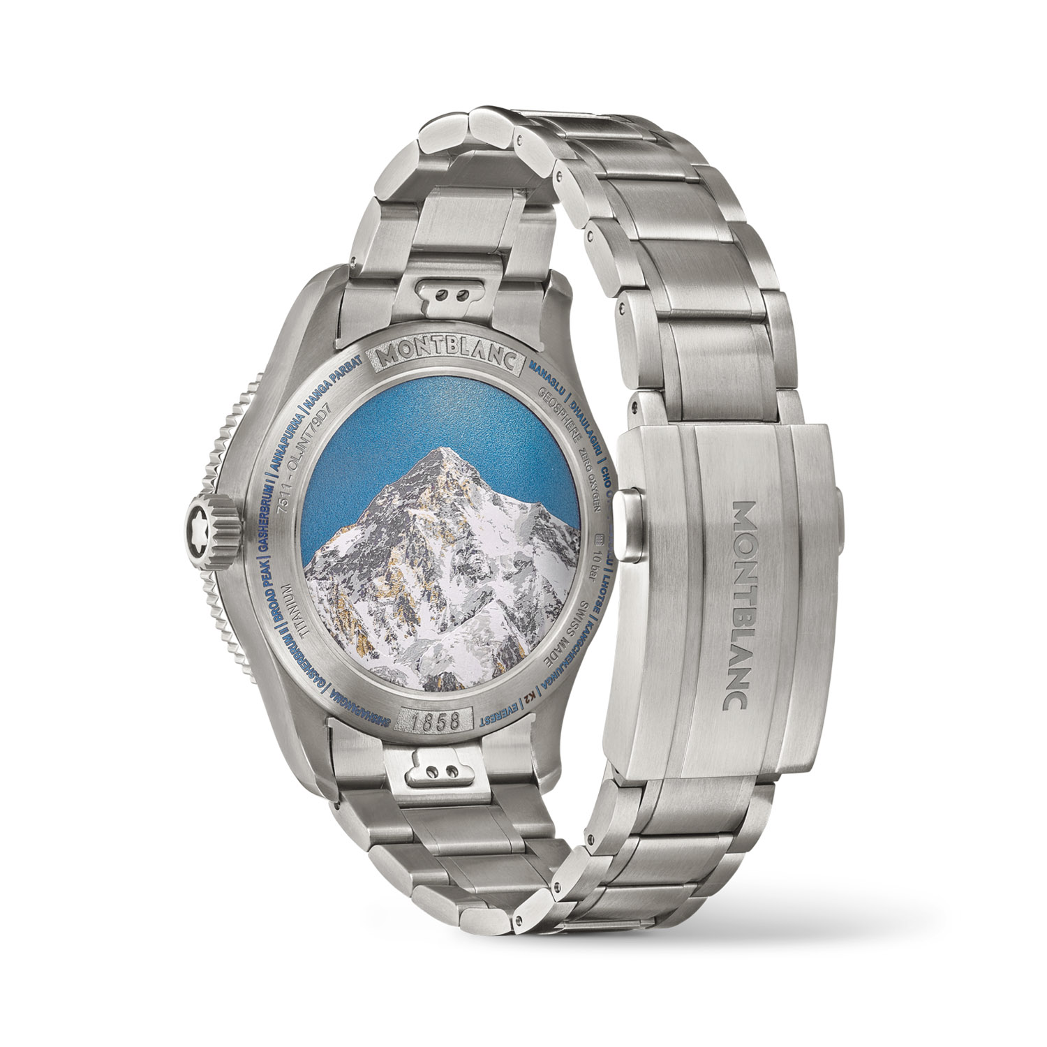 Montblanc, 1858 Geosphere 0 Oxygen The 8000 with a 42mm titanium case and stainless steel bracelet strap featuring a date function and a world time complication on a grey dial and black bezel.