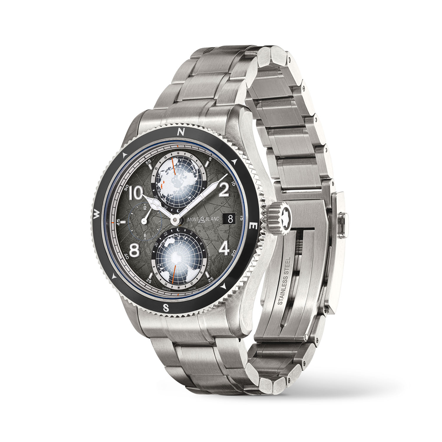 Montblanc, 1858 Geosphere 0 Oxygen The 8000 with a 42mm titanium case and stainless steel bracelet strap featuring a date function and a world time complication on a grey dial and black bezel.