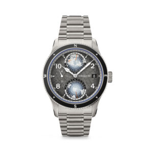 Montblanc, 1858 Geosphere 0 Oxygen The 8000 with a 42mm titanium case and stainless steel bracelet strap featuring a date function and a world time complication on a grey dial and black bezel.