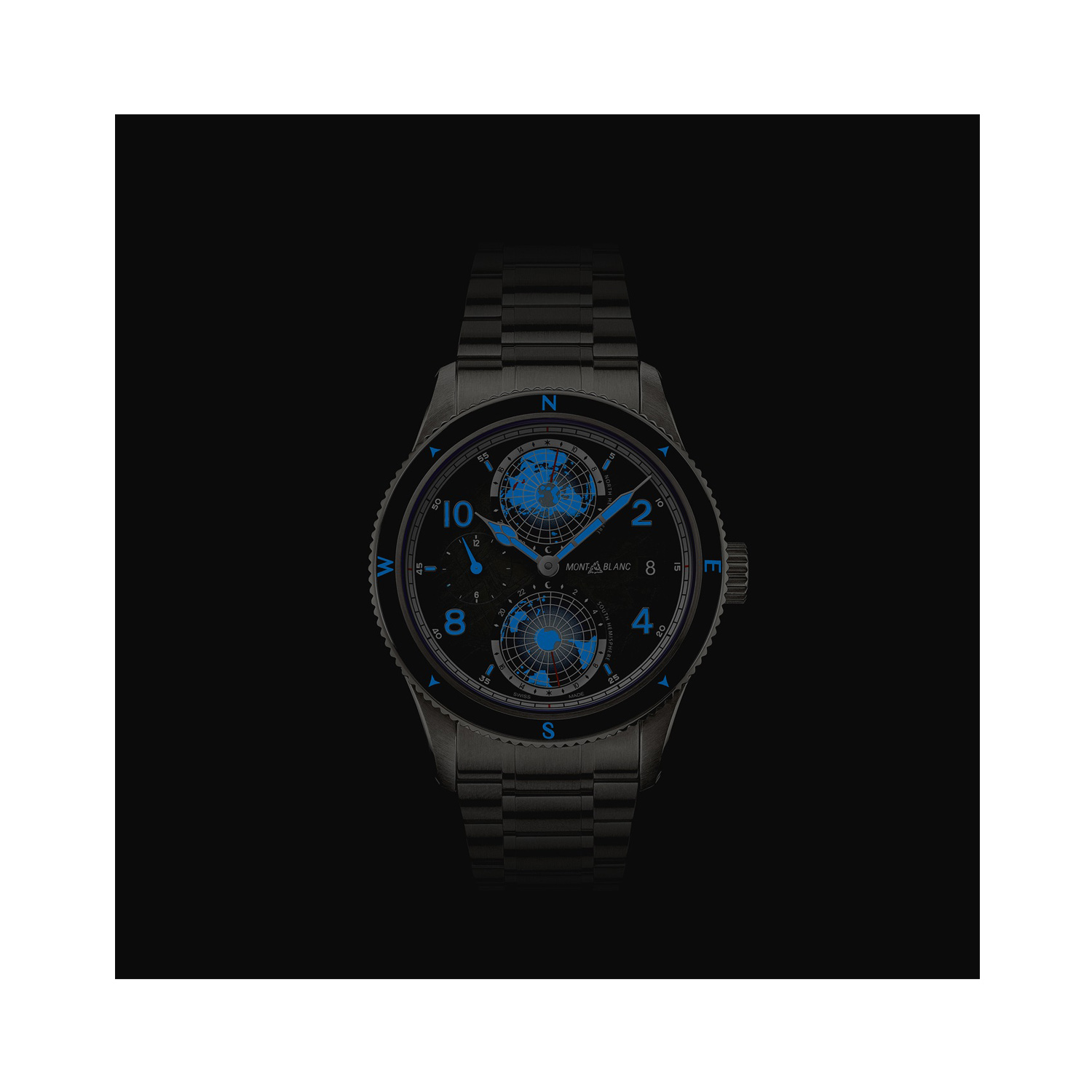 Montblanc, 1858 Geosphere 0 Oxygen The 8000 with a 42mm titanium case and stainless steel bracelet strap featuring a date function and a world time complication on a grey dial and black bezel.