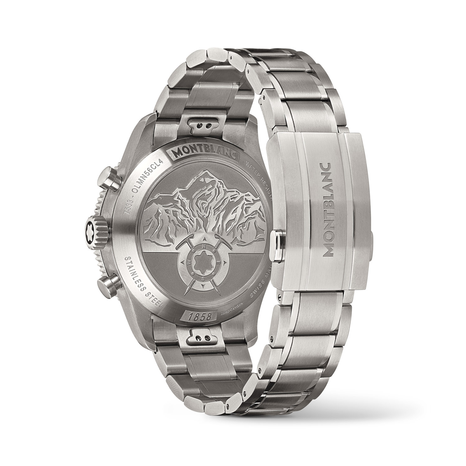 Montblanc,1858 Chronograph 0 Oxygen The 8000, Automatic Men's Watch Montblanc, 1858 Chronograph 0 Oxygen The 8000 with a 42mm stainless steel case and bracelet strap featuring a chronograph on a grey dial with a black bezel.