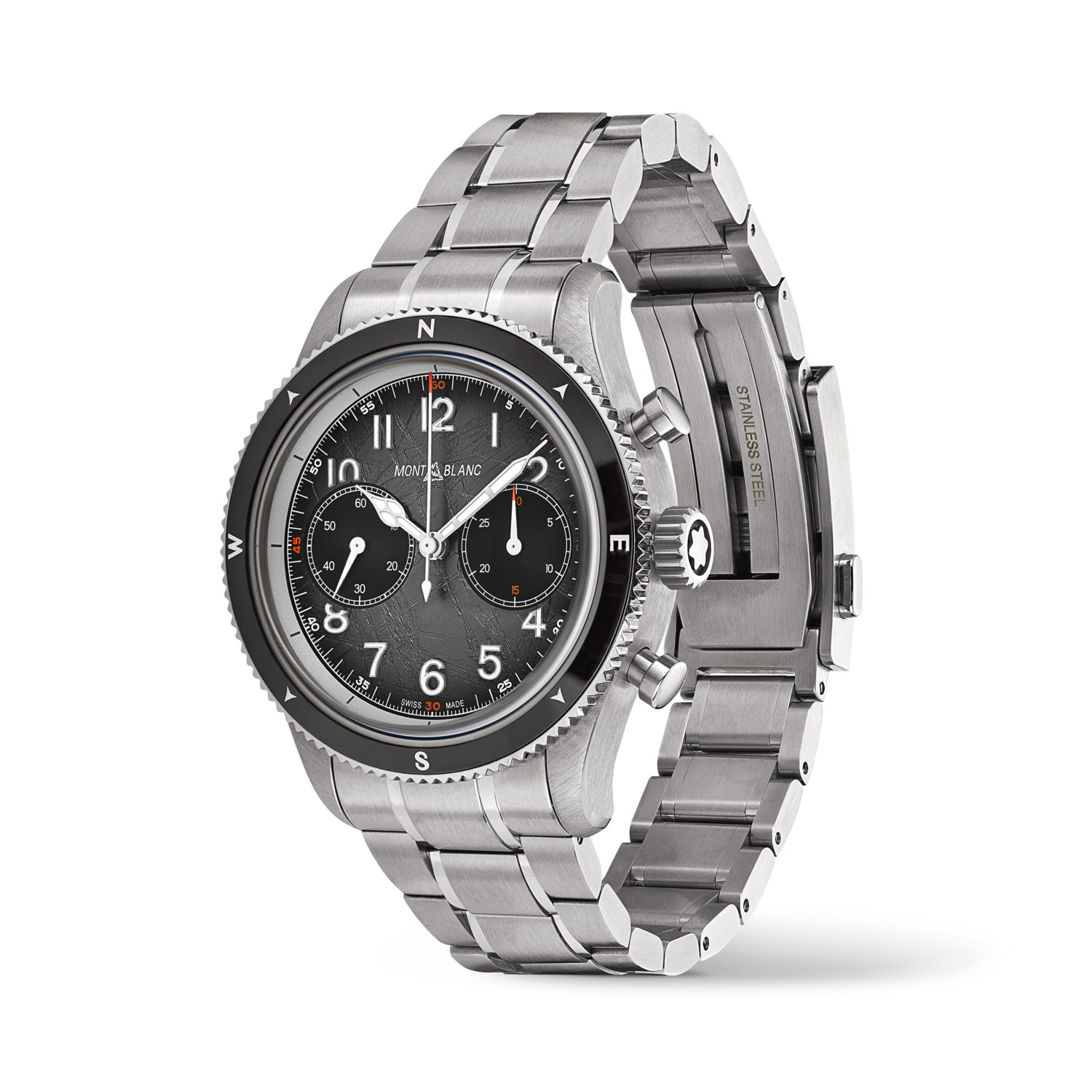Montblanc,1858 Chronograph 0 Oxygen The 8000, Automatic Men's Watch Montblanc, 1858 Chronograph 0 Oxygen The 8000 with a 42mm stainless steel case and bracelet strap featuring a chronograph on a grey dial with a black bezel.
