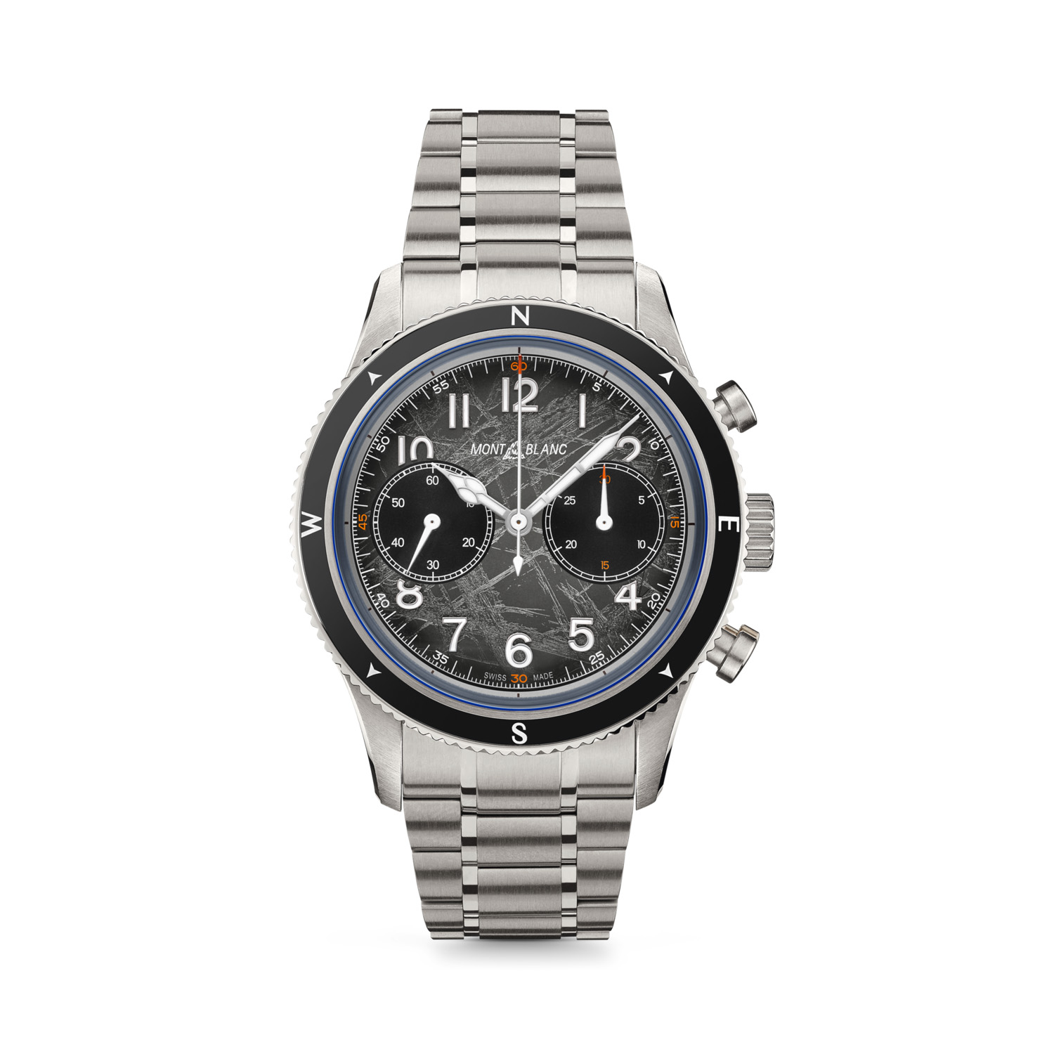 Montblanc,1858 Chronograph 0 Oxygen The 8000, Automatic Men's Watch Montblanc, 1858 Chronograph 0 Oxygen The 8000 with a 42mm stainless steel case and bracelet strap featuring a chronograph on a grey dial with a black bezel.