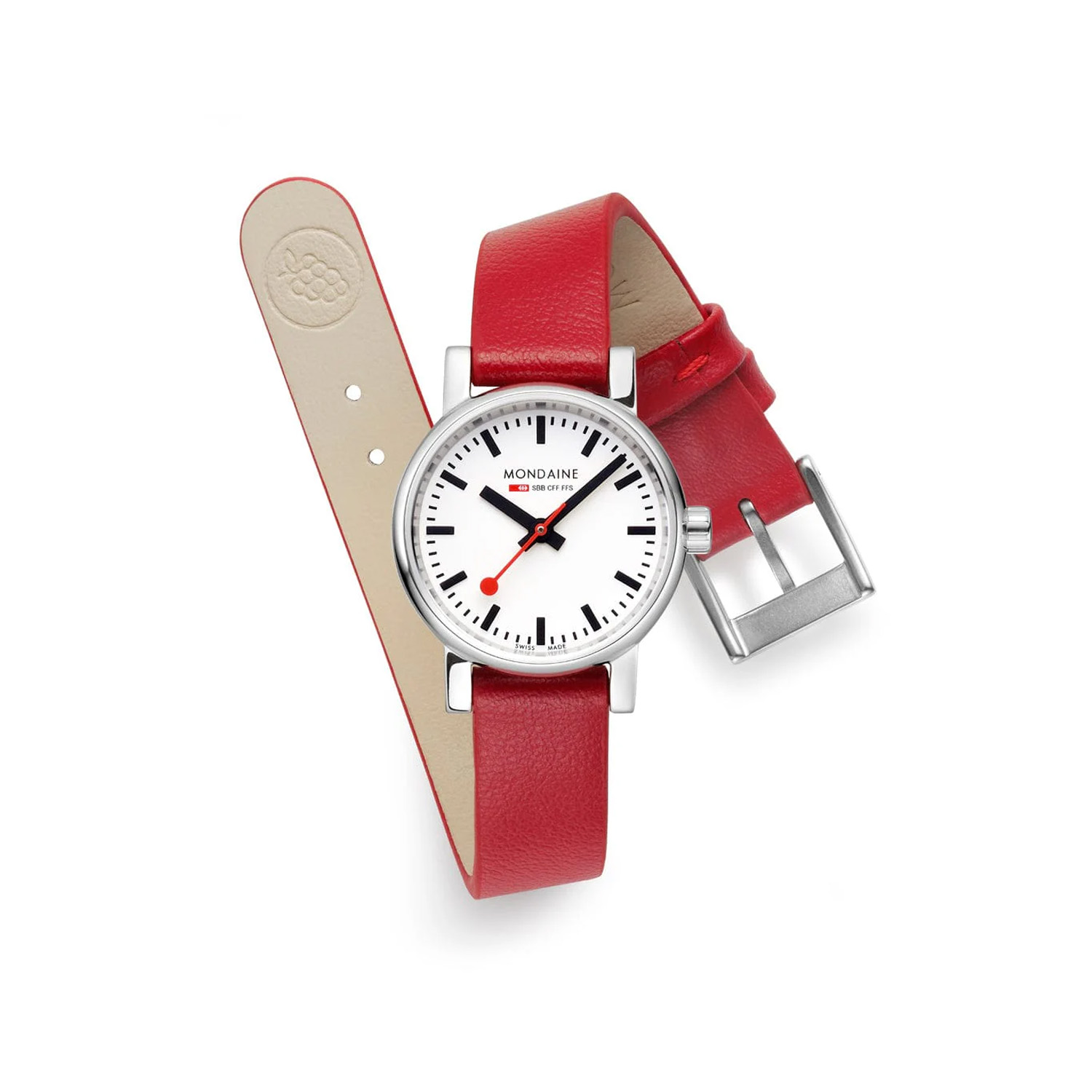 Mondaine, evo2 with a 26mm stainless steel case and a red vegan grape leather strap featuring a white dial.