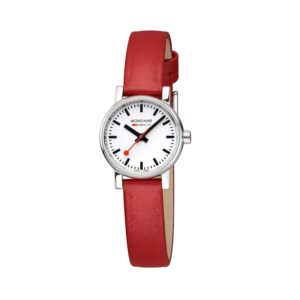 Mondaine, evo2 with a 26mm stainless steel case and a red vegan grape leather strap featuring a white dial.