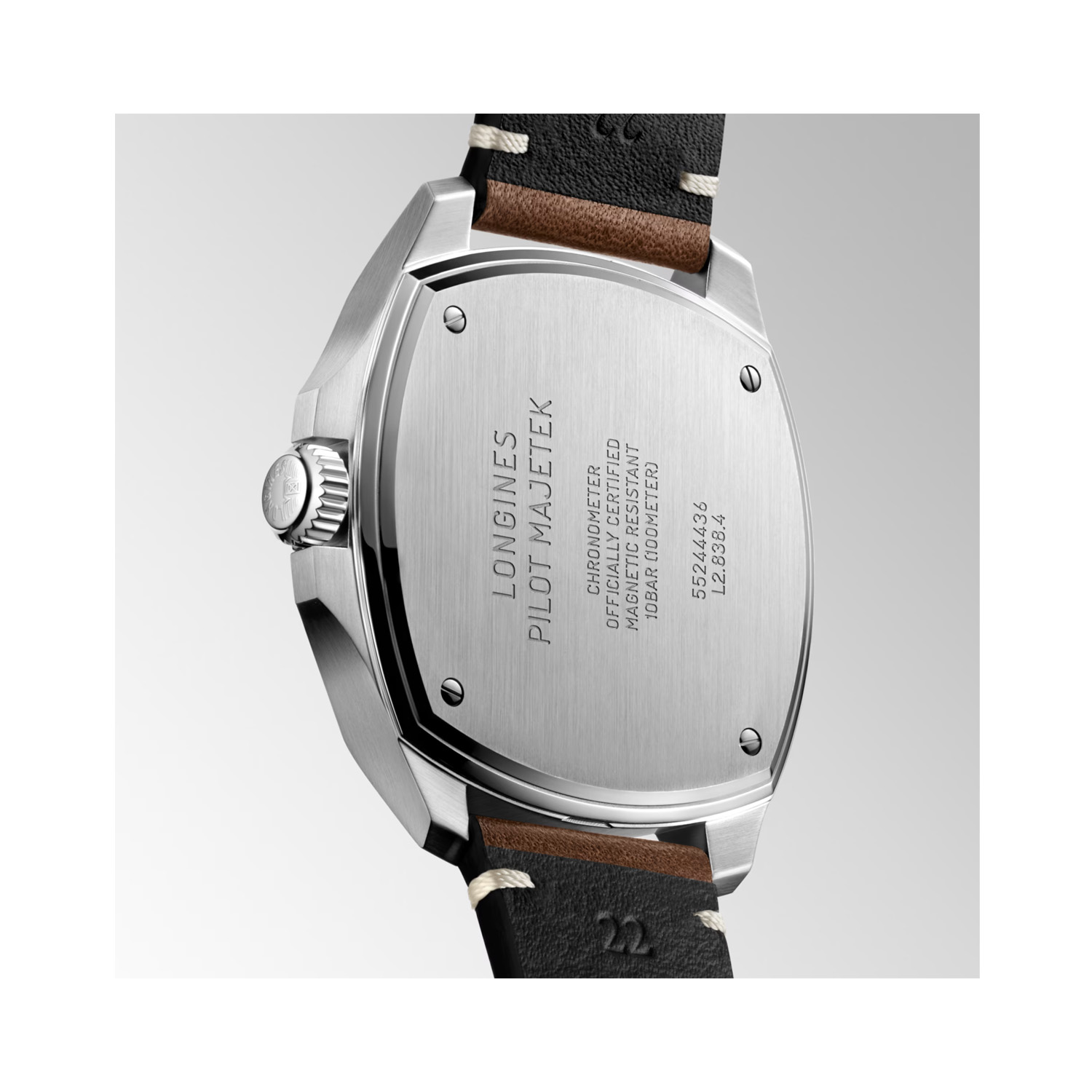 Longines, Pilot Majetek with a 43mm stainless steel case and a brown leather strap featuring a small seconds hand and a black dial.