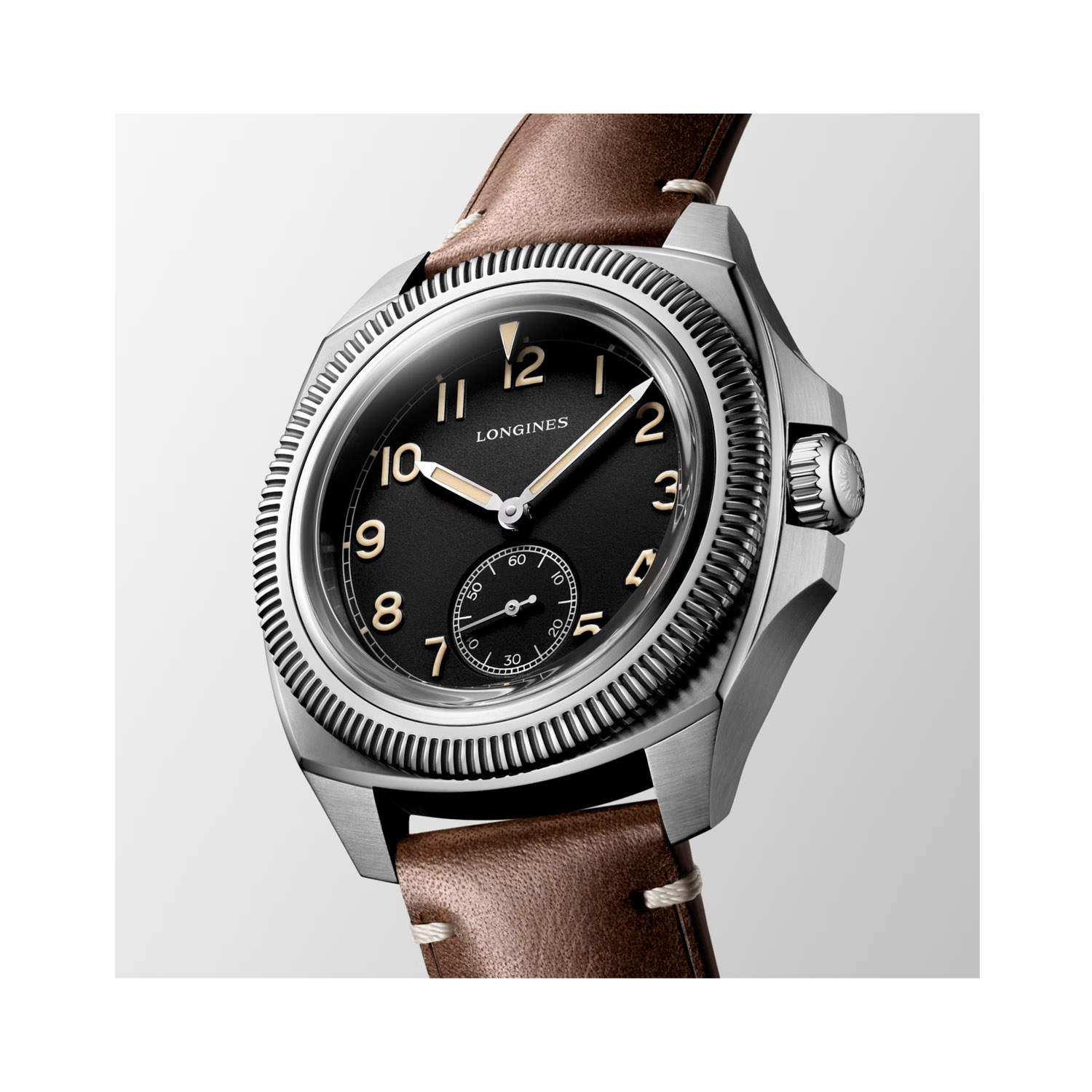 Longines, Pilot Majetek with a 43mm stainless steel case and a brown leather strap featuring a small seconds hand and a black dial.