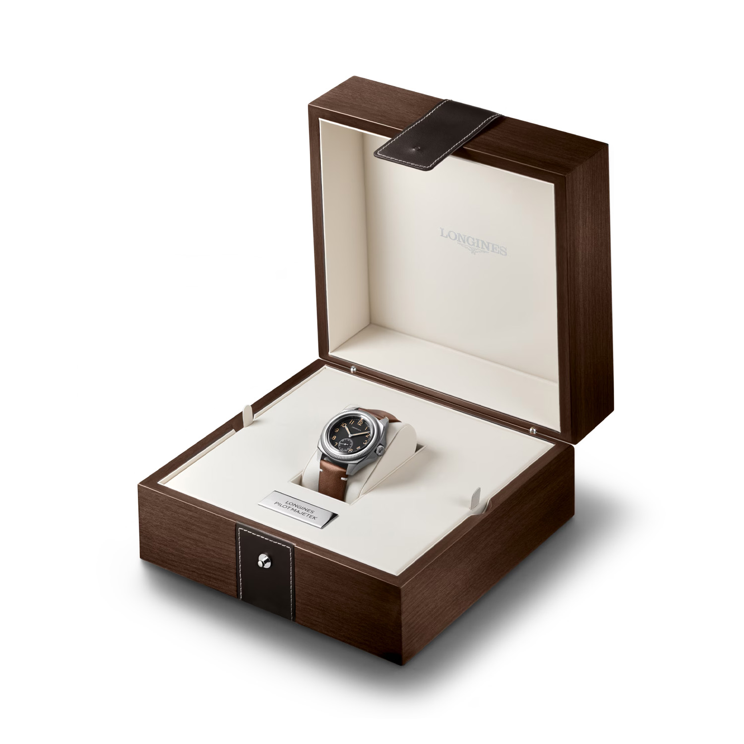 Longines, Pilot Majetek with a 43mm stainless steel case and a brown leather strap featuring a small seconds hand and a black dial.