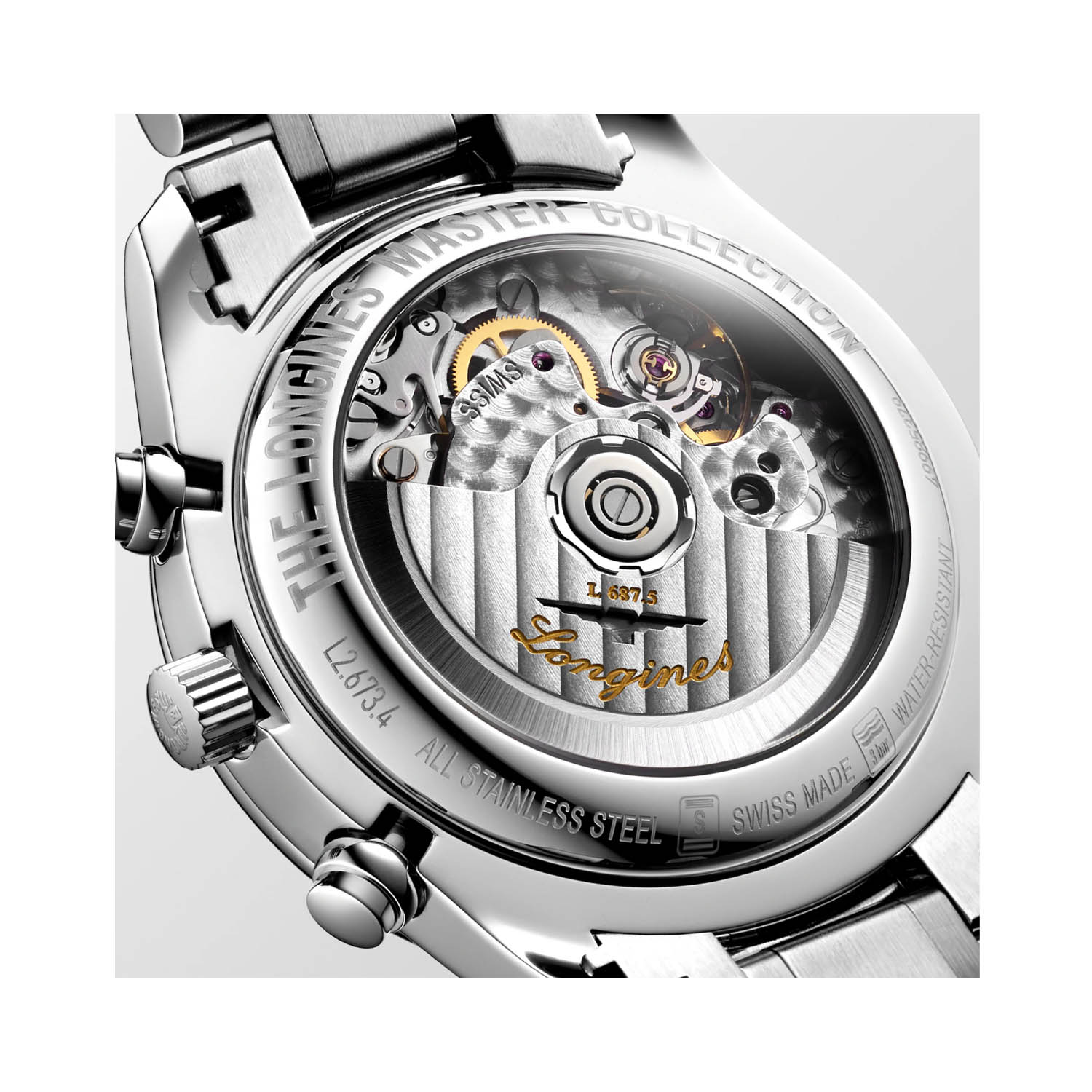 Longines, Master Collection with a 40mm stainless steel case and bracelet strap featuring a moon phase complication, chronograph and a silver dial.