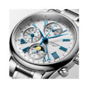 Longines, Master Collection with a 40mm stainless steel case and bracelet strap featuring a moon phase complication, chronograph and a silver dial.