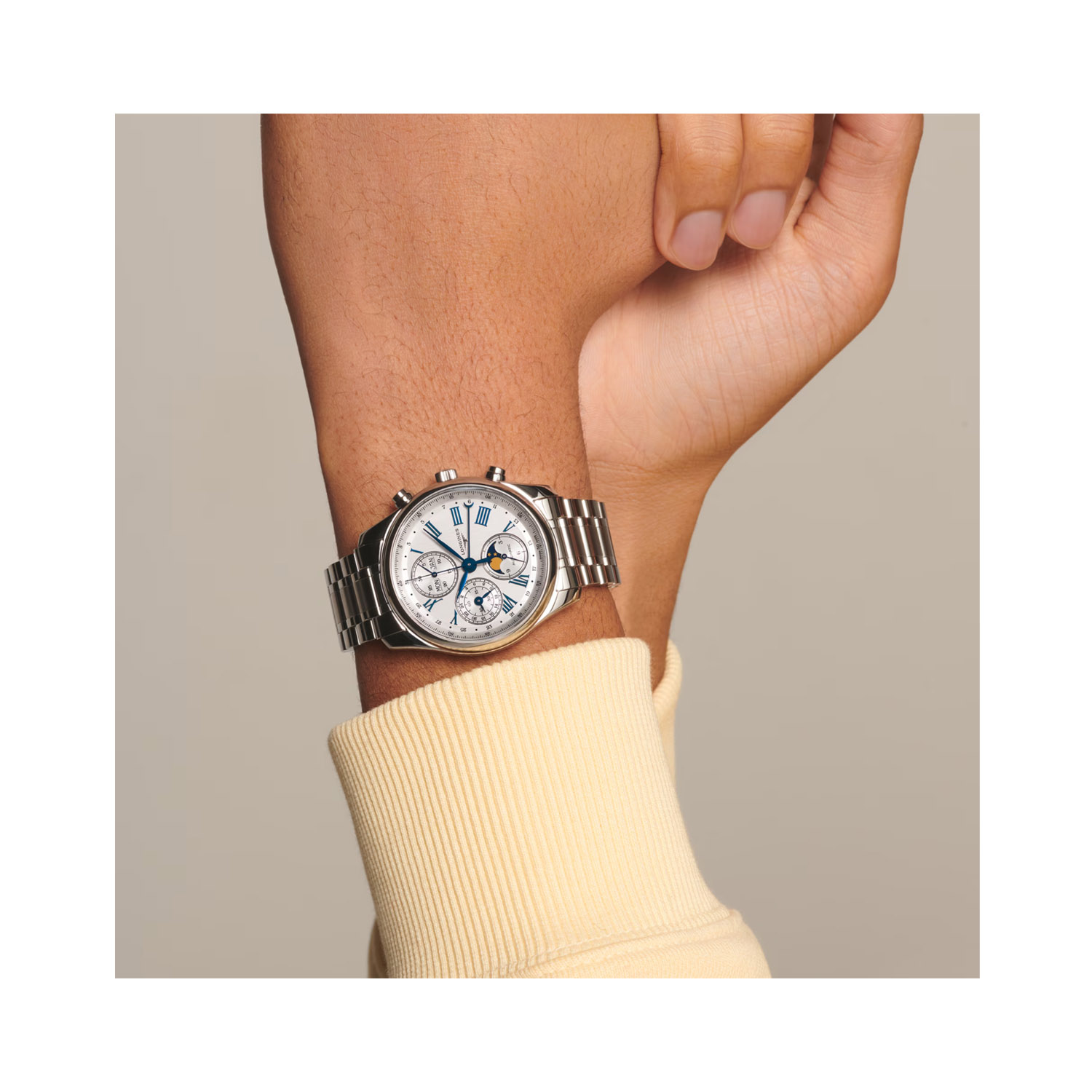 Longines, Master Collection with a 40mm stainless steel case and bracelet strap featuring a moon phase complication, chronograph and a silver dial.