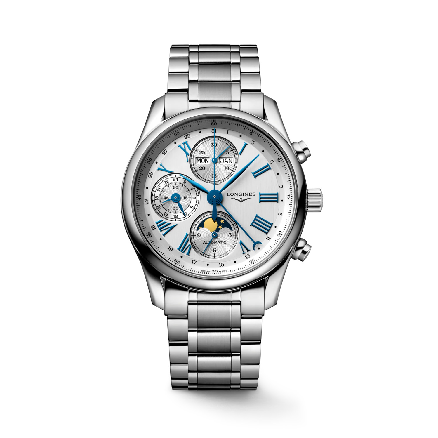 Longines, Master Collection with a 40mm stainless steel case and bracelet strap featuring a moon phase complication, chronograph and a silver dial.