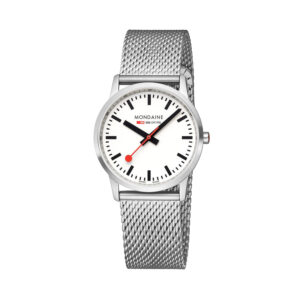 Mondaine, Simply Elegant with a 36mm stainless steel case and bracelet strap featuring a white dial.